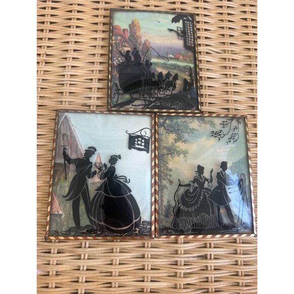 Vintage 40's Lot 3 Convex Glass Silhouette Victorian Pictures - Picture 1 of 9